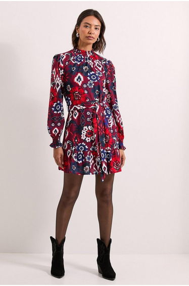 Shirred Neck Tie Waist Mini Dress