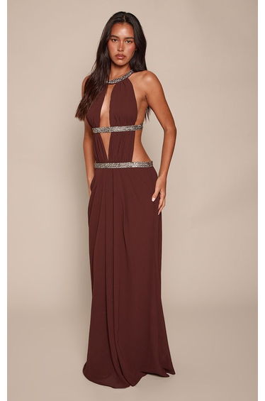 Deep Chocolate Chiffon Halter Neck Embellished Cut Out Maxi Dress