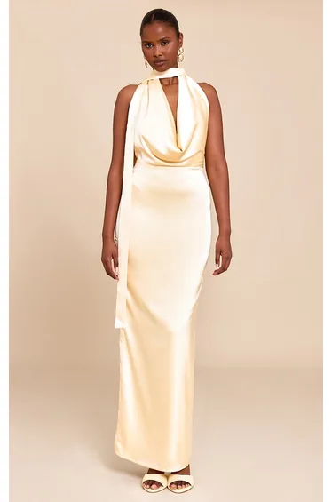 Butter Yellow Satin Cowl Neck Drape Maxi Dress