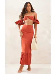 Rust Linen Look Ruffle Tiered Sleeve Bralet - 2