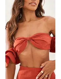 Rust Linen Look Ruffle Tiered Sleeve Bralet - 3