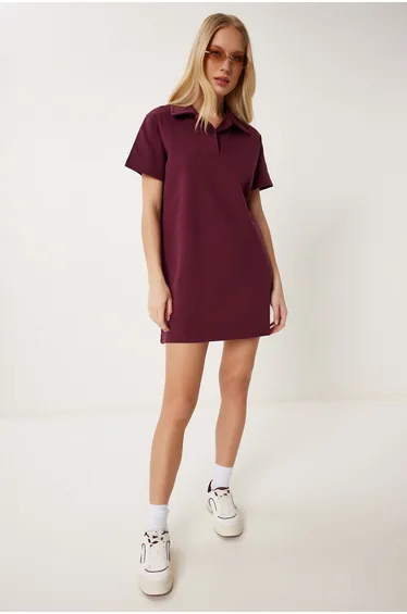Women's Burgundy Polo Neck Pique Knitted Mini Dress