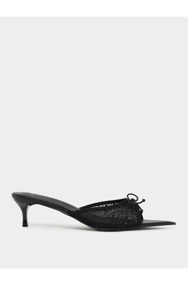 Women Black Mesh Bow Kitten Heel Mules
