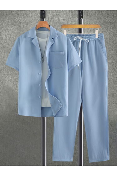 Men Light Blue Textured Shirt and Trousers Co-Ords