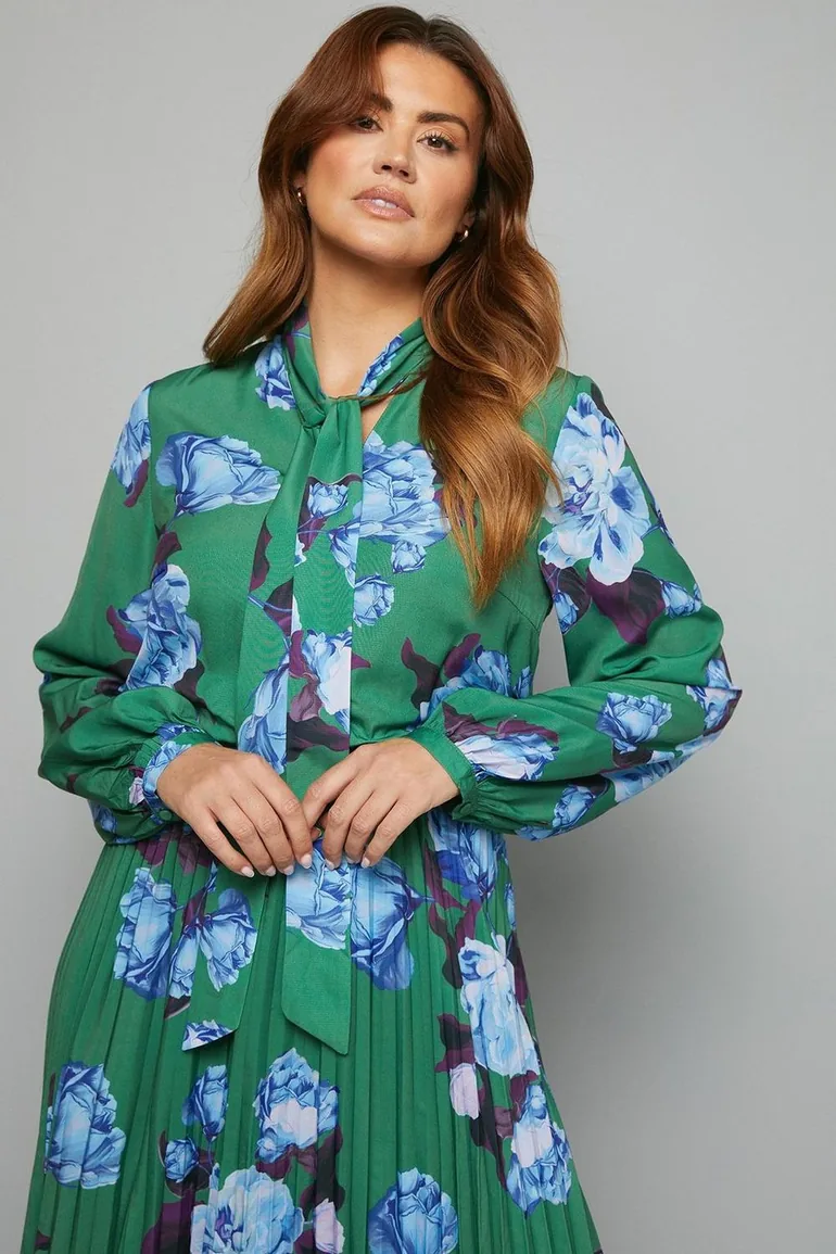 Floral Tie Neck Pleated Midi Dress - 3