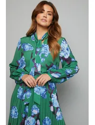Floral Tie Neck Pleated Midi Dress - 3
