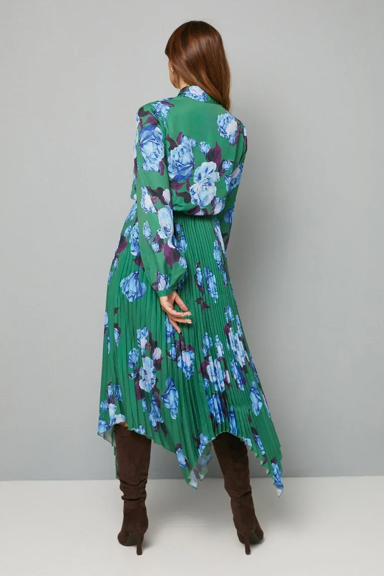 Floral Tie Neck Pleated Midi Dress - 2