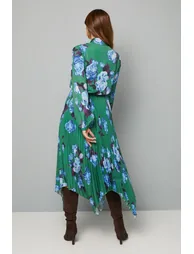 Floral Tie Neck Pleated Midi Dress - 2