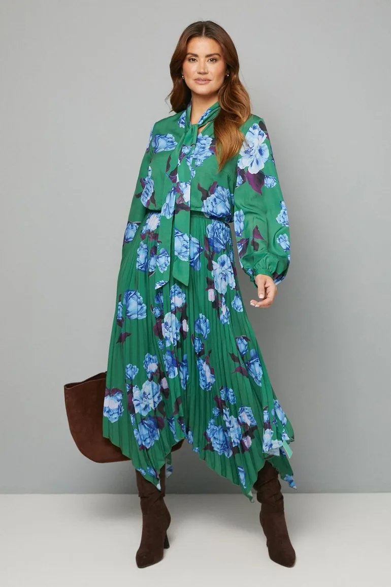 Floral Tie Neck Pleated Midi Dress