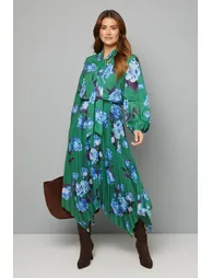 Floral Tie Neck Pleated Midi Dress