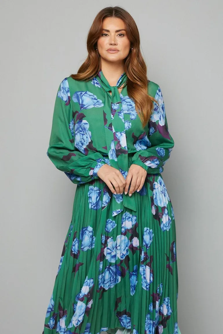 Floral Tie Neck Pleated Midi Dress - 1