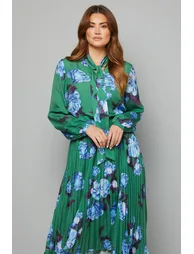 Floral Tie Neck Pleated Midi Dress - 1