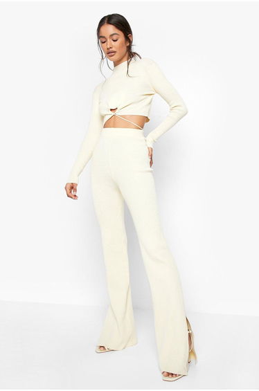 Rib Wrap Detail Knitted Set - ecru