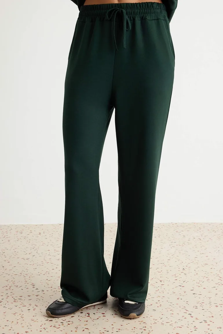 Emerald Green Short Sleeve Crew Neck Relaxed/Casual Fit Flexible Knitted Bottom - Top Set - 2