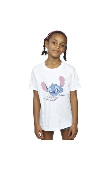 Lilo & Stitch Girls Reading Lying Down Cotton T-Shirt - White