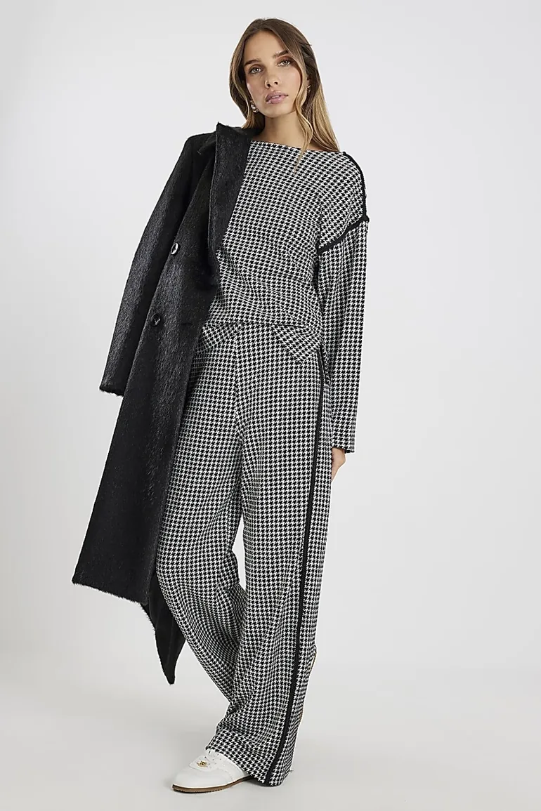 Black Dogtooth Print Pull On Trousers