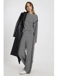 Black Dogtooth Print Pull On Trousers