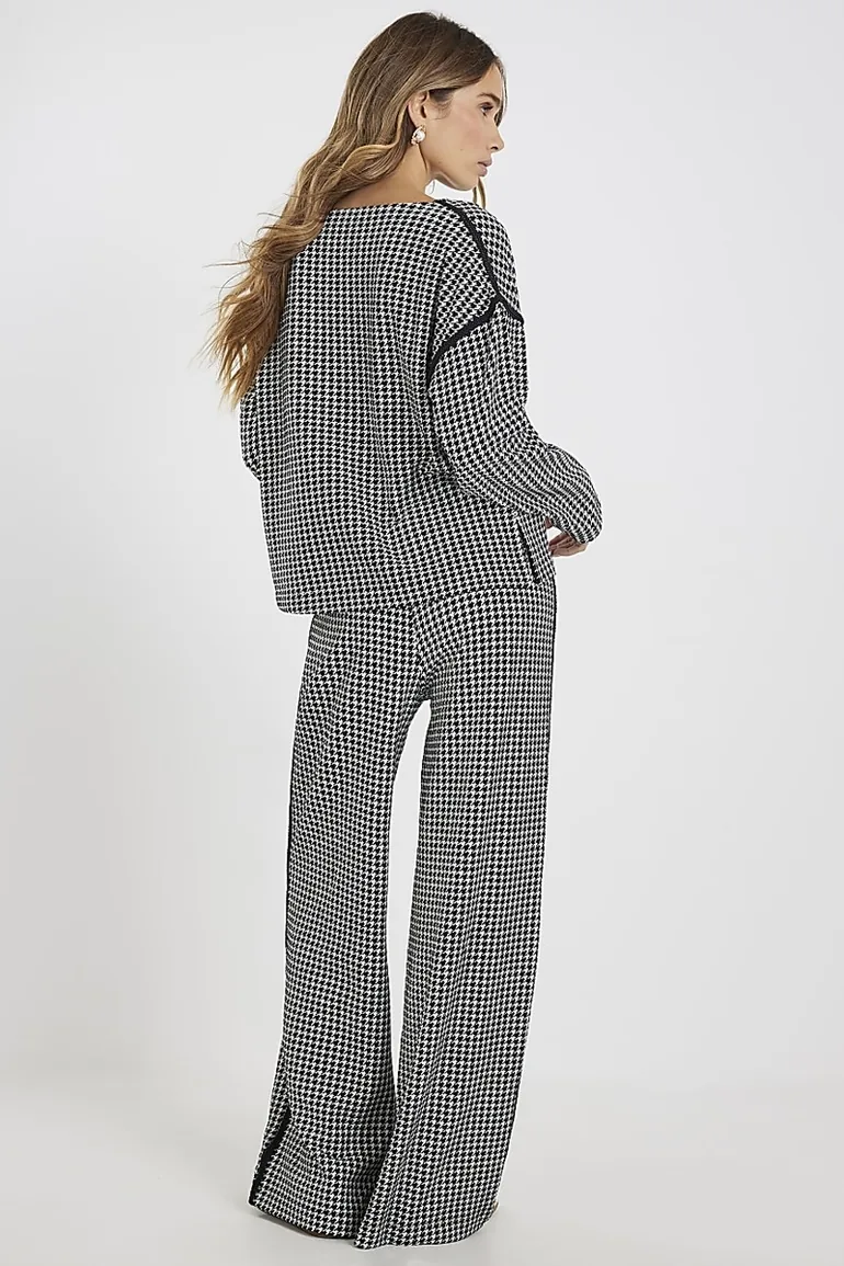 Black Dogtooth Print Pull On Trousers - 1