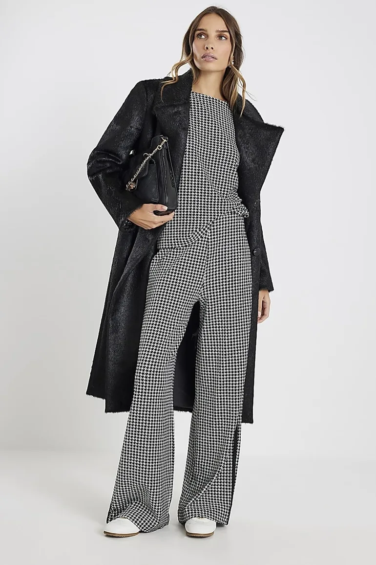 Black Dogtooth Print Pull On Trousers - 2