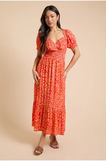 Petite Animal Shirred Waist Tiered Hem Midi Dress