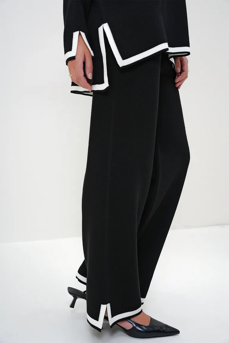 Women's Black Crew Neck Stripe Detailed Knitwear Tunic and Trouser Set - 5