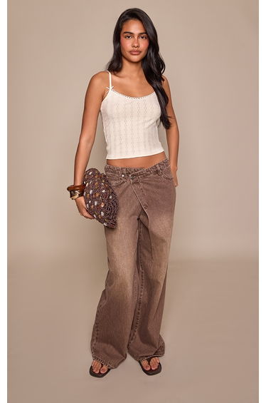 Cream Pointelle Strappy Long Cami Top
