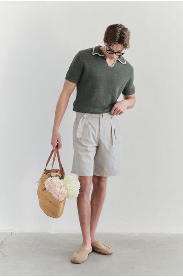 Limited Edition Men's Stone Oversize Fit Gabardine Belt Detailed Shorts & Bermuda