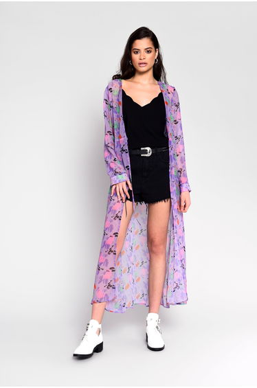 Glamorous Lilac Sketchy Flower Sheer Tie Kimono