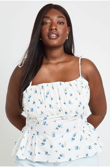 Plus Poplin Disty Floral Corset Detail Peplum Top - white