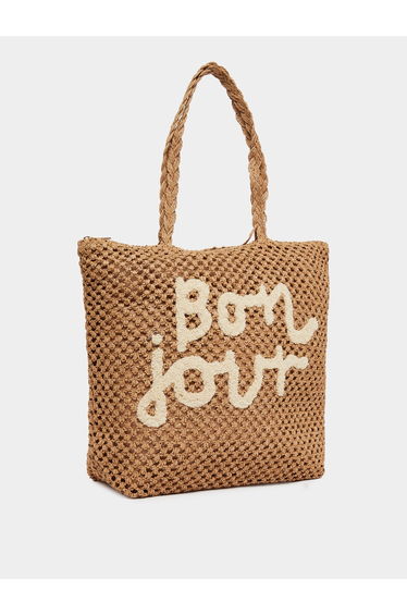 Khaki Woven Beach Tote Bag with Bonjour Embroidery