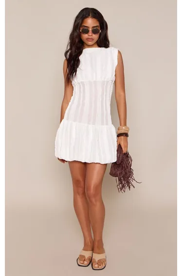 White Textured Ruffle Boat Neck Shift Mini Dress