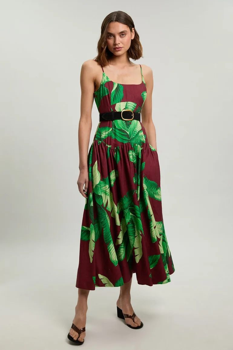 Viscose Linen Palm Tree Belted Drop Waist Woven Midi Dress