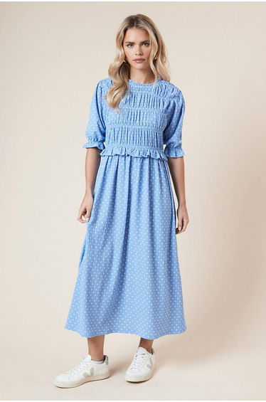 Petite Puff Sleeve Blue Spot Shirred Bodice Peplum Midi Dress