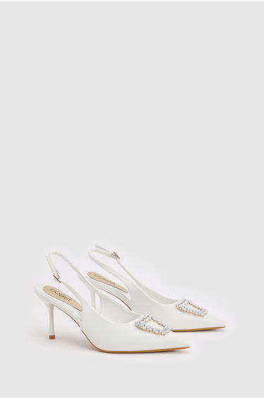Diana White Faux Leather Square Coloured Trim Medium Stiletto Heel Slingback Court Shoes