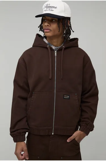 Oversized Boxy Workwear Twill Hoodie - brown