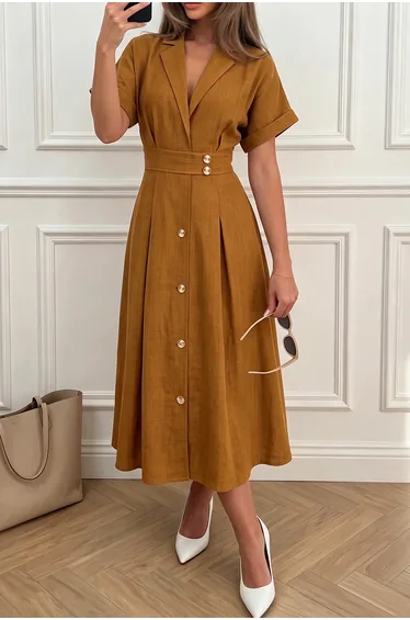 Notched Lapel V-Neck Button Short Sleeve Midi Dress