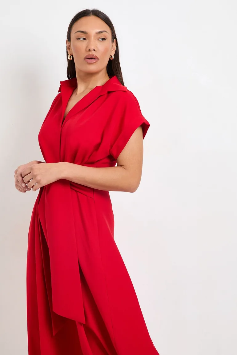 Formal Front Tie Shirt Midi Dress - 1