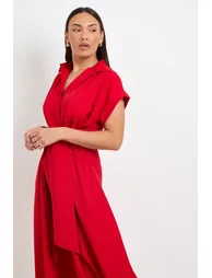 Formal Front Tie Shirt Midi Dress - 1