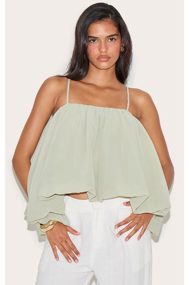 Sage Puffball Chiffon Spaghetti Strap Cami