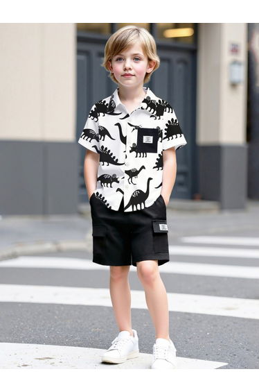 Boys Dinosaur Print Shirt and Cargo Shorts Set
