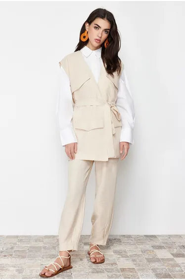 Stone Linen Look Woven Vest Trousers Two Piece Set
