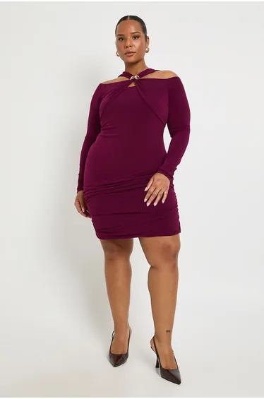 Plus Long Sleeve Halter Gold Trim Mini Dress - plum