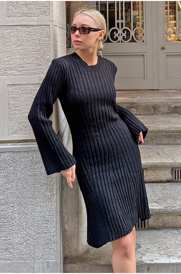 Black Crew Neck Ribbed Knit Women's Mini Knitwear Dress