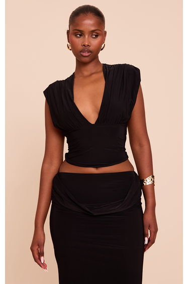 Black Double Layer Slinky Drape Plunge Long Top
