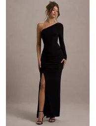 Doll | Black Asymmetric One Sleeve Ruched Maxi Dress - 4