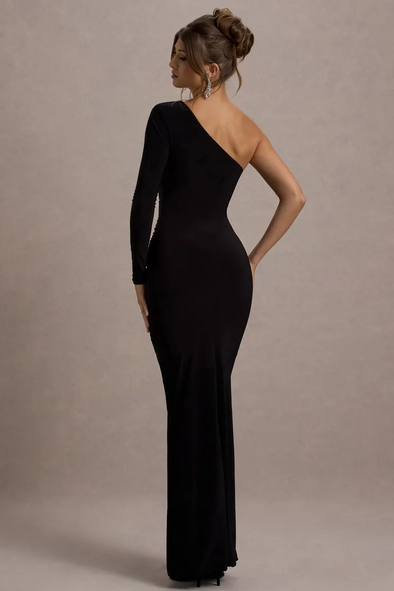 Doll | Black Asymmetric One Sleeve Ruched Maxi Dress - 1
