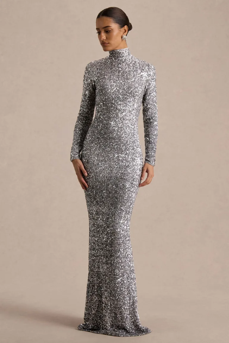 Galaxy | Silver Sequin Turtle-Neck Long-Sleeve Maxi Dress - 3