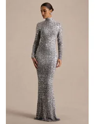 Galaxy | Silver Sequin Turtle-Neck Long-Sleeve Maxi Dress - 3