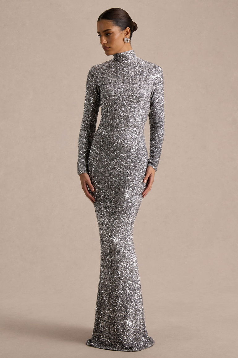 Galaxy | Silver Sequin Turtle-Neck Long-Sleeve Maxi Dress Club L London Silver : Premium Dresses : VogaCloset Qatar Galaxy | Silver Sequin Turtle-Neck Long-Sleeve Maxi Dress Club L London Silver : Premium Dresses : VogaCloset Qatar