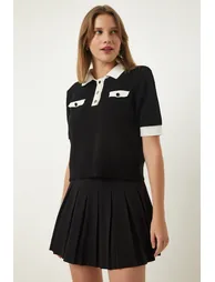 Black Polo Neck Knitwear Blouse - 1